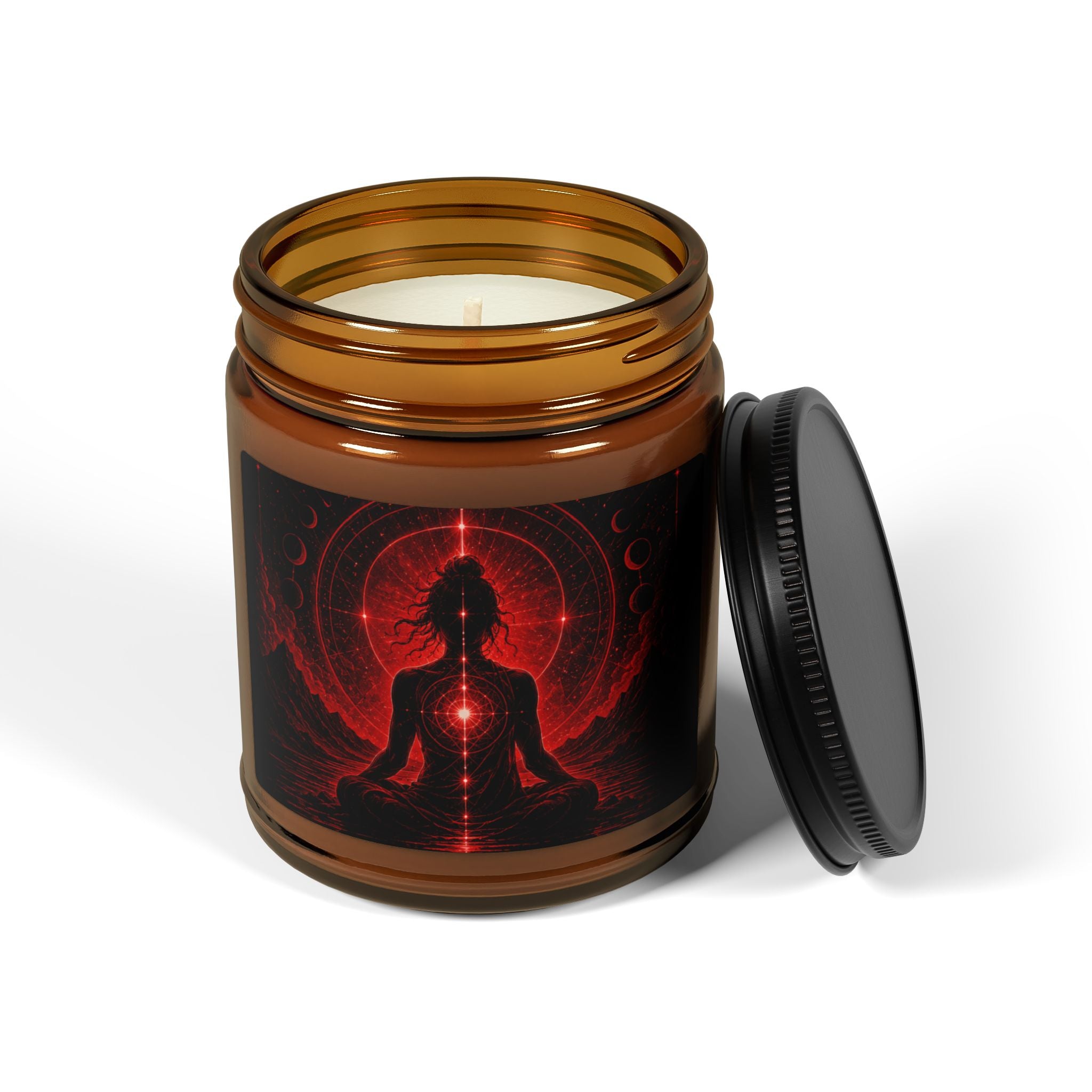 Meditation Soy Candle — Amber Jar with Red Chakra Silhouette (Aromatherapy)