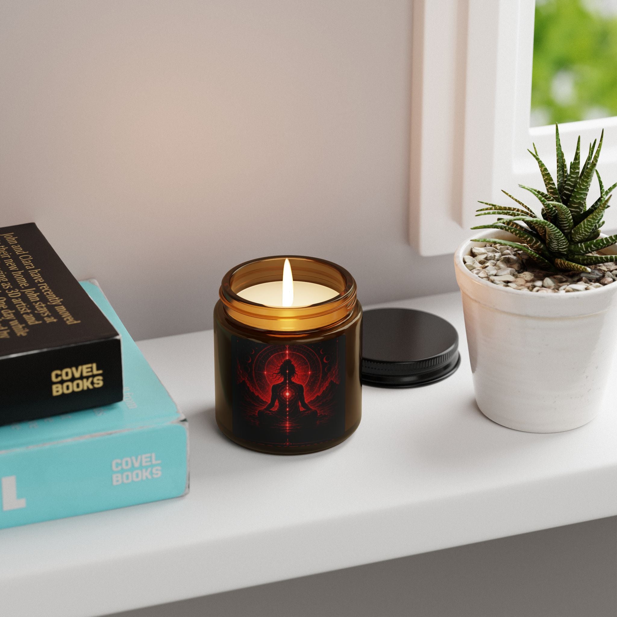 Meditation Soy Candle — Amber Jar with Red Chakra Silhouette (Aromatherapy)